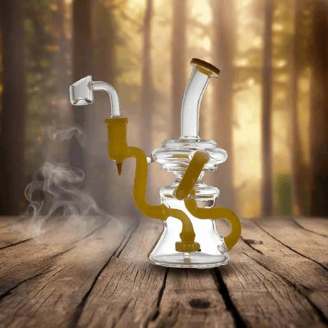 Bent Neck Triple Arm Recycler Bong on wooden surface with forest background.