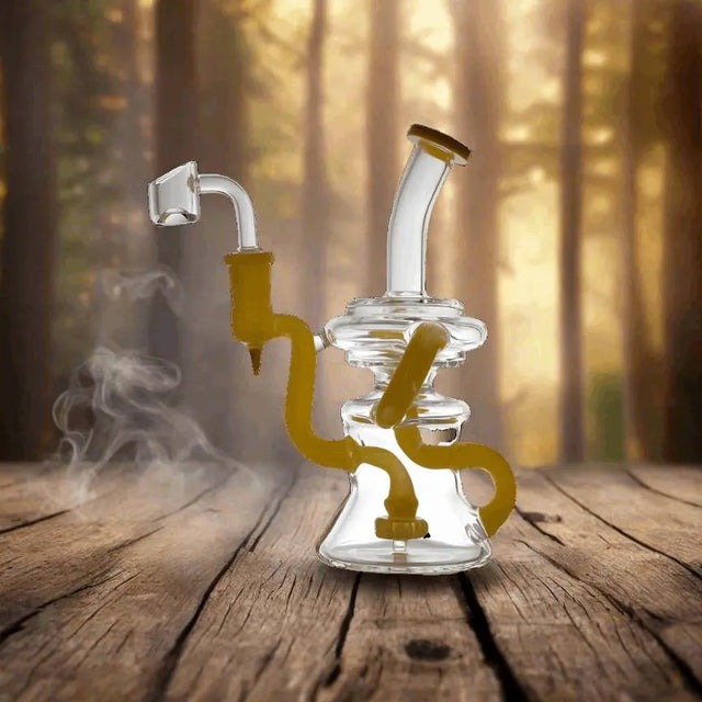 Bent Neck Triple Arm Recycler Bong on wooden surface with forest background.