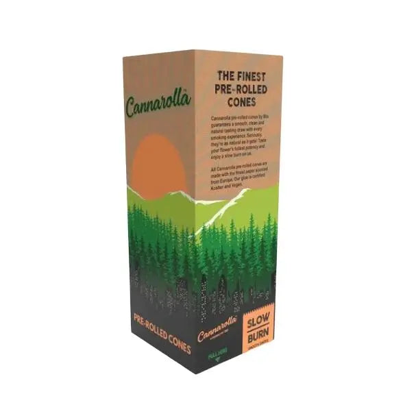 Cannarolla Pre-rolled Cones Classic White packaging with forest design and slow burn feature.