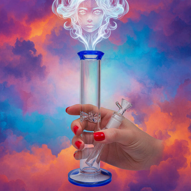 Crystal clear 9 inch Straight Water Bong With Color Mouth And Base - SmokeMEGA