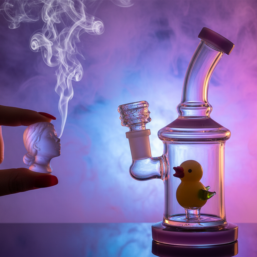Glass smoking device with a small rubber duck figure inside, emitting smoke against a colorful background.