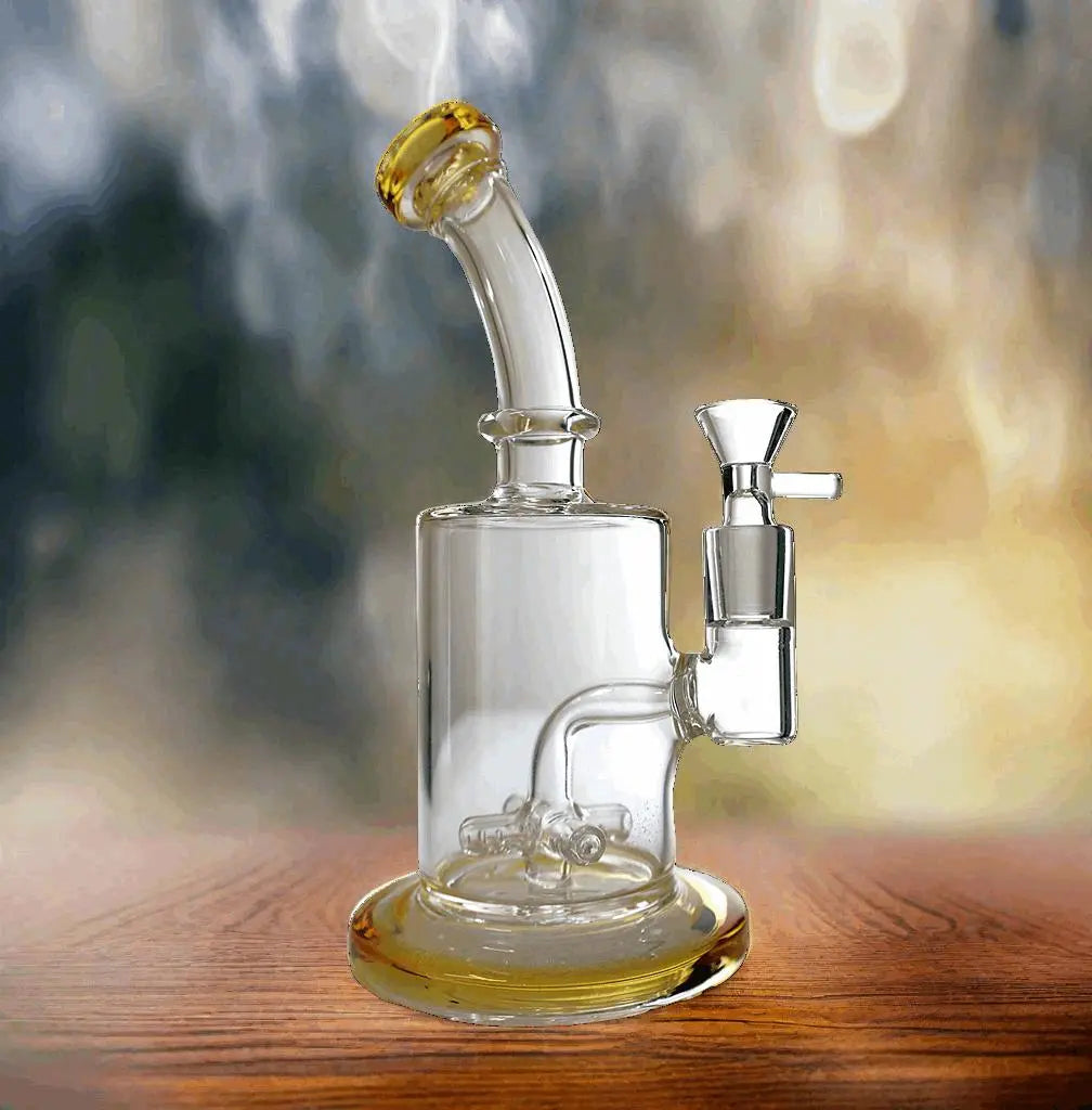 Showerhead Percolator Dab Rig 7" with Glass Bubbler on Wooden Table