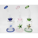 10-inch dab rigs with showerhead perc and glass artwork in blue, pink, and green.