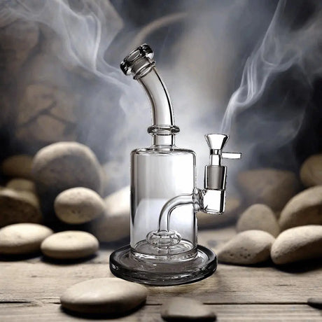 8 Inch Showerhead Bent Neck Percolator Dab Rig made of durable borosilicate glass, featuring a compact, sleek design with optimal filtration.