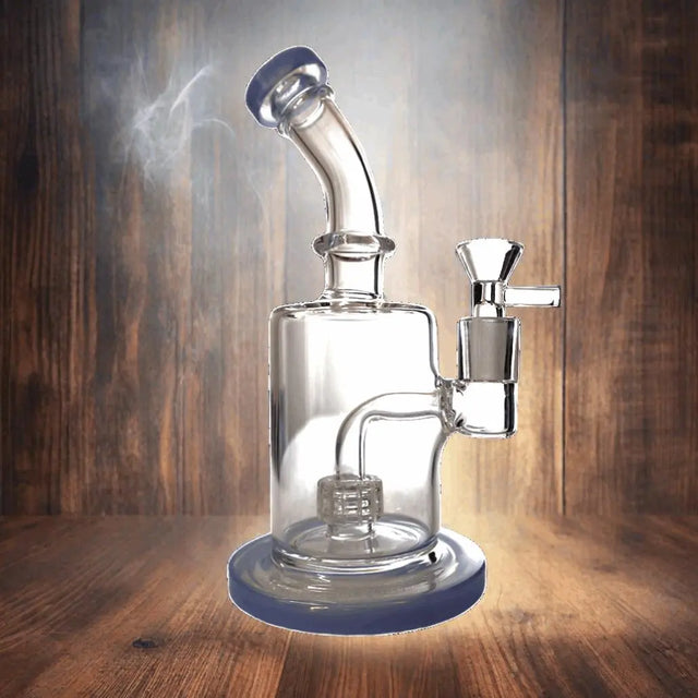 8 Inch Showerhead Bent Neck Dab Rig with blue accents on wooden background.