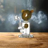 Double Donut Shape Thick Glass Dab Rig 6.5-inch with smoke and wooden surface background.