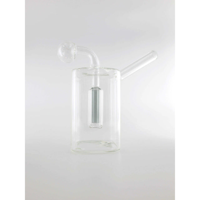 Clear glass dab rig for smoking concentrates, featuring a cylindrical design with a side mouthpiece.