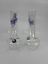 Clear glass smoking device with blue branding on a white background