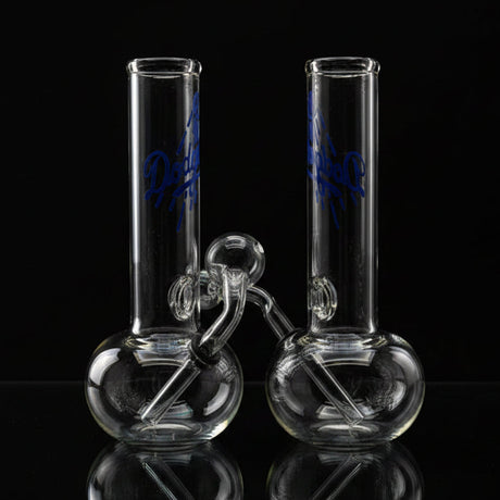 Clear glass smoking device with blue branding on a white background