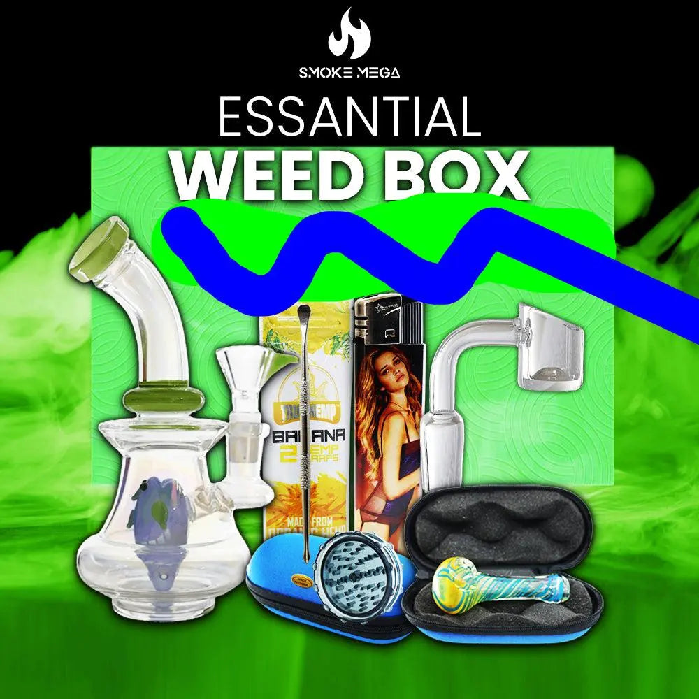 Essential Weed Box with dab rig, glass hand pipe, hemp wrap, lighter, grinder, and accessories.