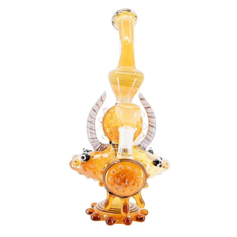 Fish-shaped double horn water pipe in handcrafted borosilicate glass with ergonomic design.