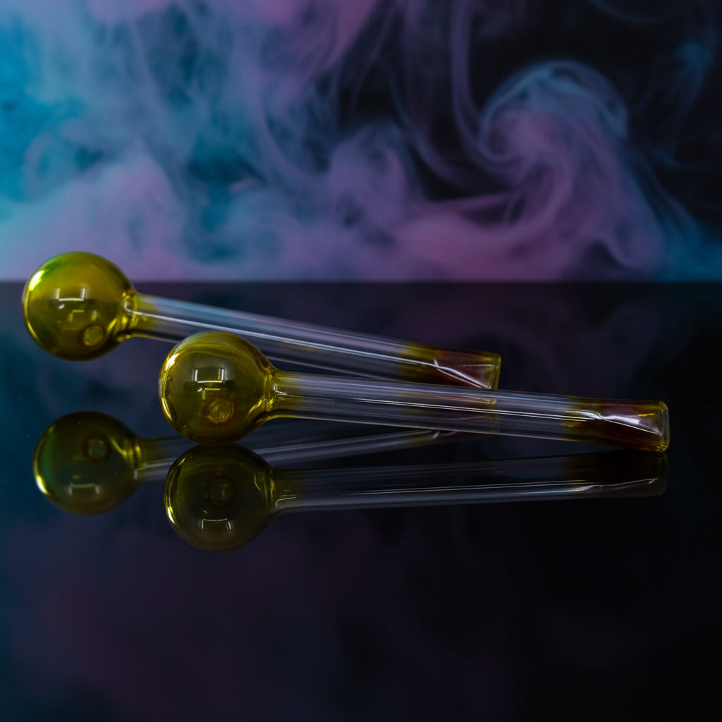 Two yellow glass vials with clear liquid on a light gray background