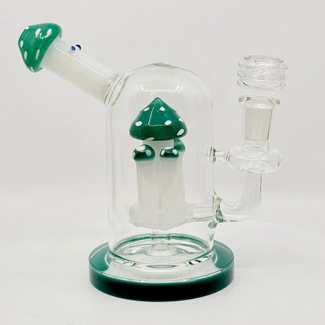 Fungi themed mushroom dab rig in green, made from durable borosilicate glass with a unique design and percolator.