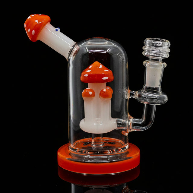 Fungi themed mushroom dab rig made of borosilicate glass, featuring vibrant design and innovative percolator for smooth hits.