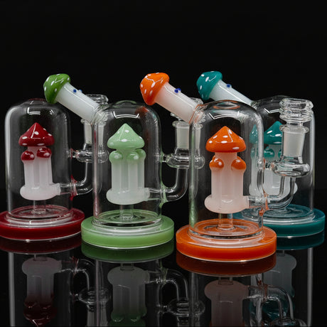 Fungi themed mushroom dab rigs in various colors showcasing durable borosilicate glass and innovative design.
