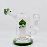 Fungi themed mushroom dab rig made from borosilicate glass with green accents and innovative percolator.
