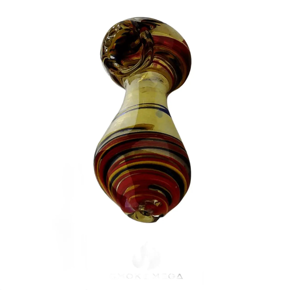 Glass hand pipe with golden teardrop swirl design, 5 inches, made of durable borosilicate glass.