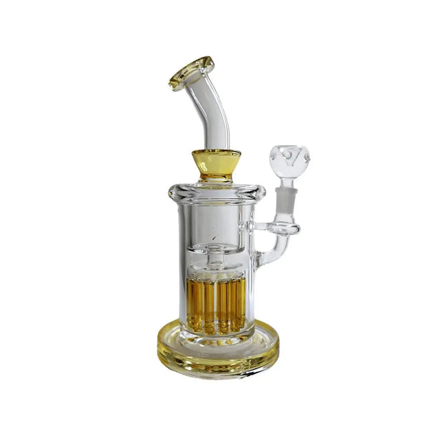 Glass water pipe with bent neck, tree perc, color trim, and separate chamber.