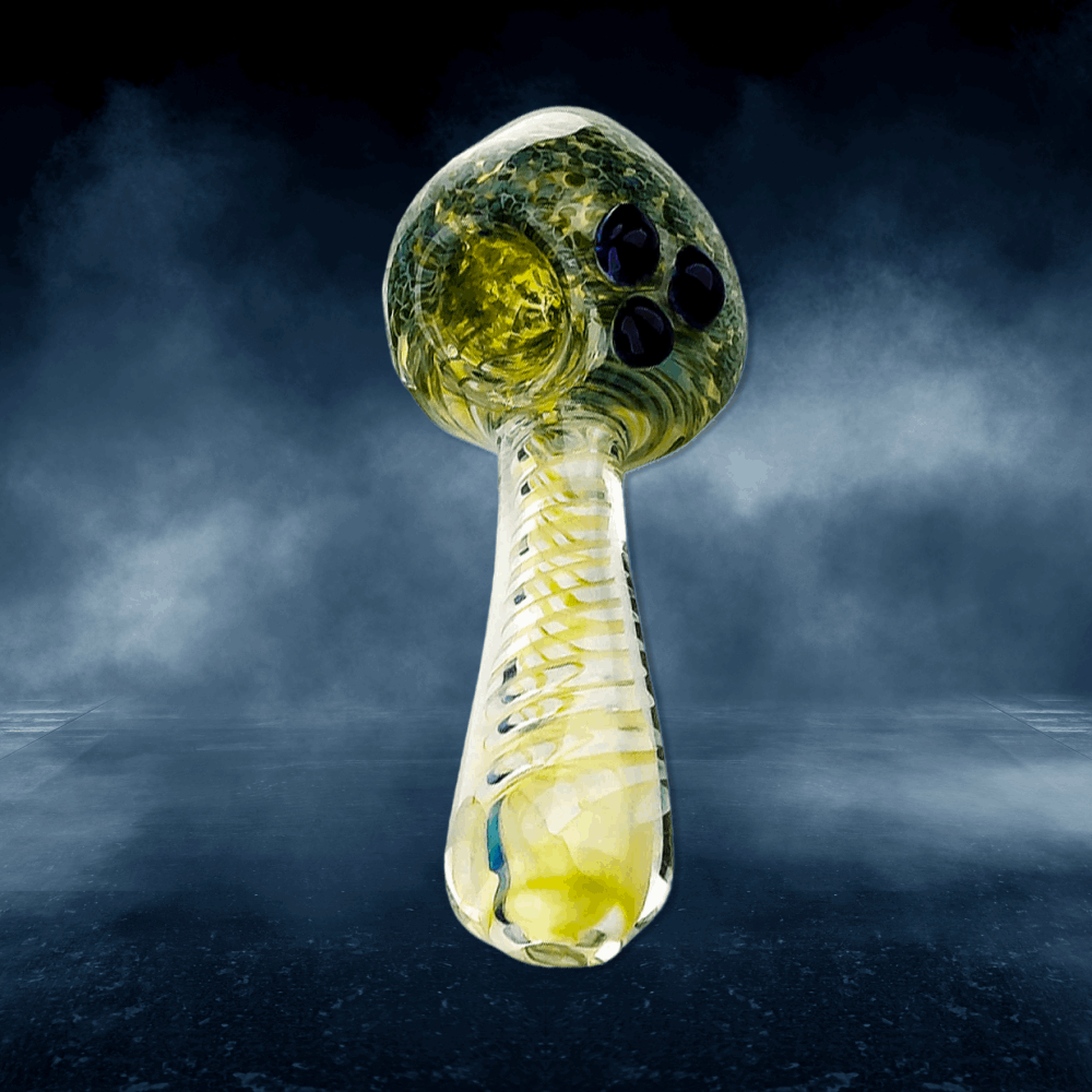 Glass hand pipe with spiral design, crafted from durable borosilicate glass; 5 inches long.