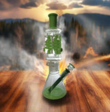 Glycerin bong with triple freezable coils on wooden table.