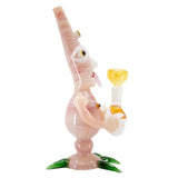 Glass water pipe with long teeth and three eyes design, 9" tall, made of borosilicate glass.