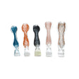 Five 4-inch fritted swirl flat mouth glass hand pipes in assorted colors, showcasing a unique design and compact size.