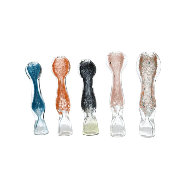 Five 4-inch fritted swirl flat mouth glass hand pipes in assorted colors, showcasing a unique design and compact size.