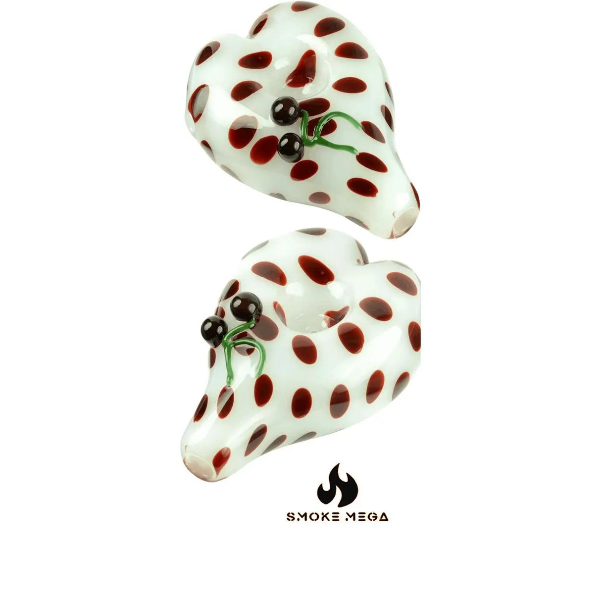 Heart-shaped white hand pipe with brown dots and cherry adornment.