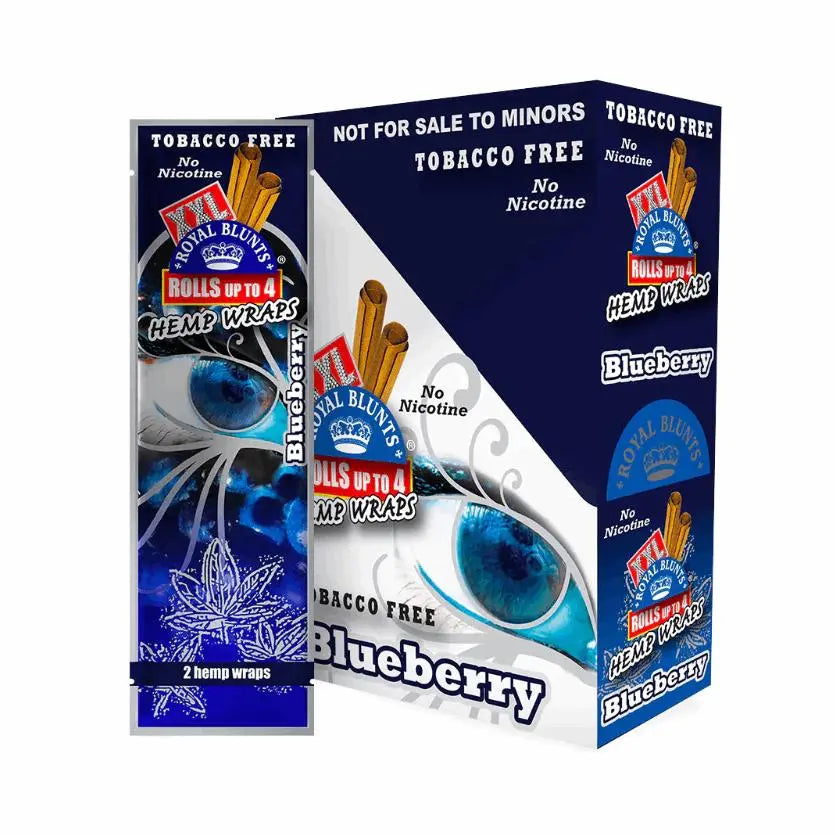 Royal Blunts XXL Hemp Wraps 2-pack and box of 25, Blueberry flavor, featuring natural hemp wraps.