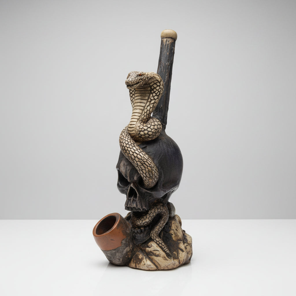 A decorative ceramic smoking pipe shaped like a coiled snake, displayed on a glossy white table in front of a large window with an urban view.