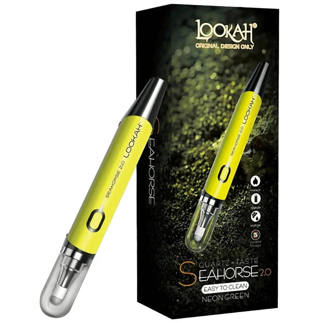 Lookah Seahorse 2.0 Wax Pen- Electric Dab Pen in neon green with magnetic mouthpiece and adjustable voltage settings, showcasing compact design for portability.