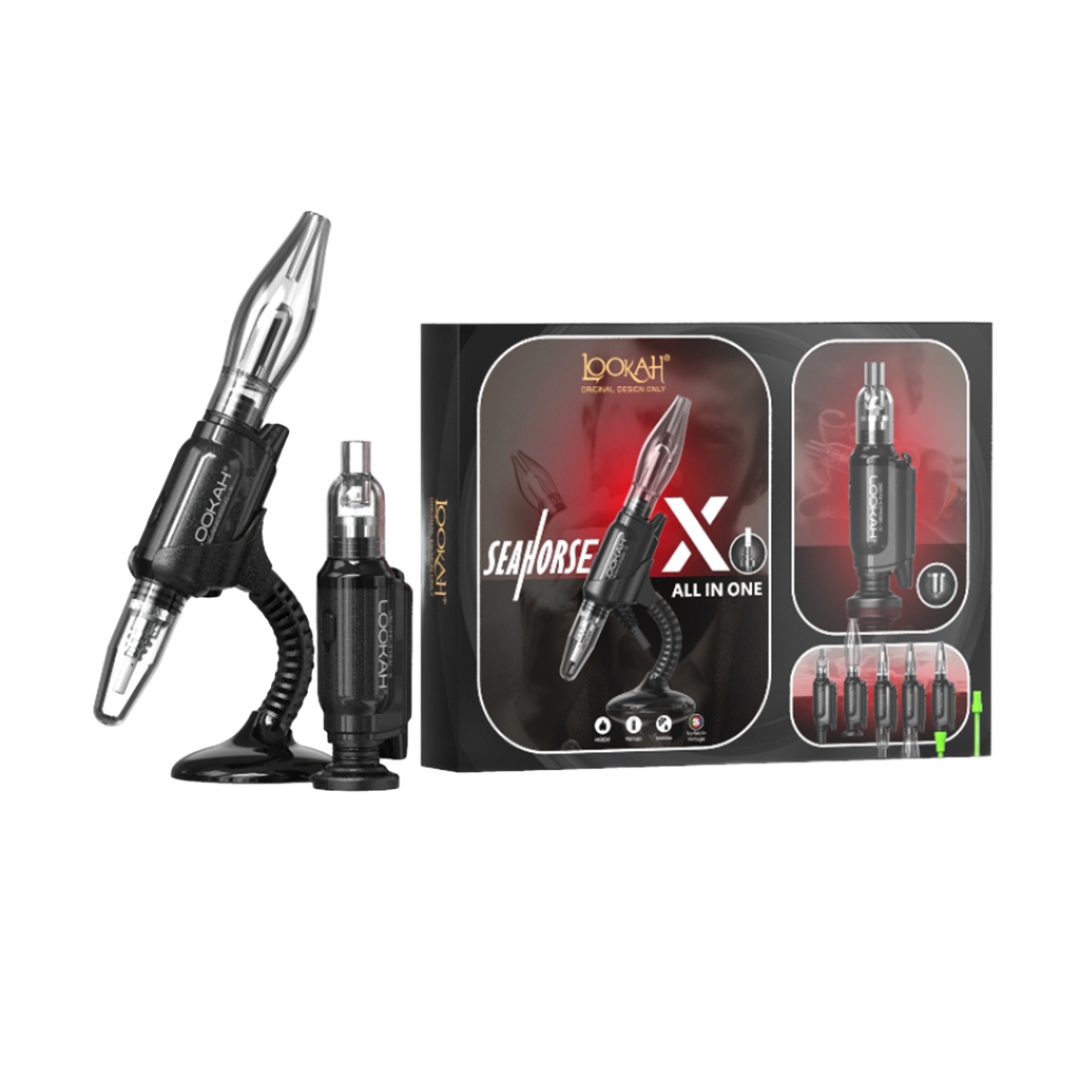 Lookah Seahorse X All in One Vaporizer with accessories and packaging.