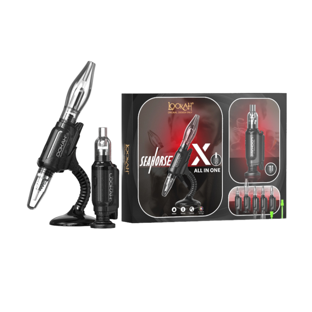 Lookah Seahorse X all-in-one vaporizer with accessories and packaging.