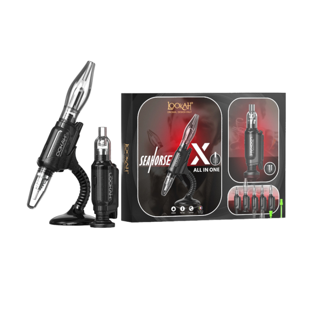 Lookah Seahorse X all-in-one vaporizer with accessories and packaging.