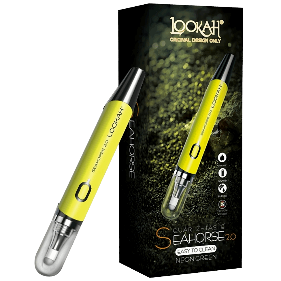 Lookah Seahorse 2.0 Wax Pen- Electric Dab Pen in neon green with magnetic mouthpiece and adjustable voltage settings, showcasing compact design for portability.