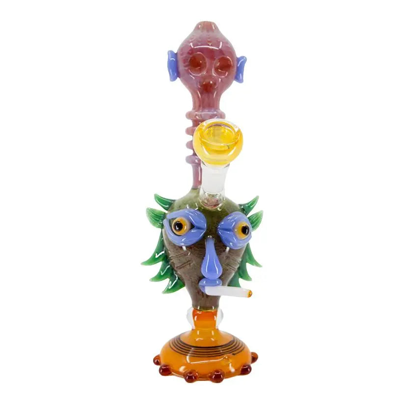 Mayan character water pipe bong, handmade in Nepal, 10-inch borosilicate glass with colorful design.