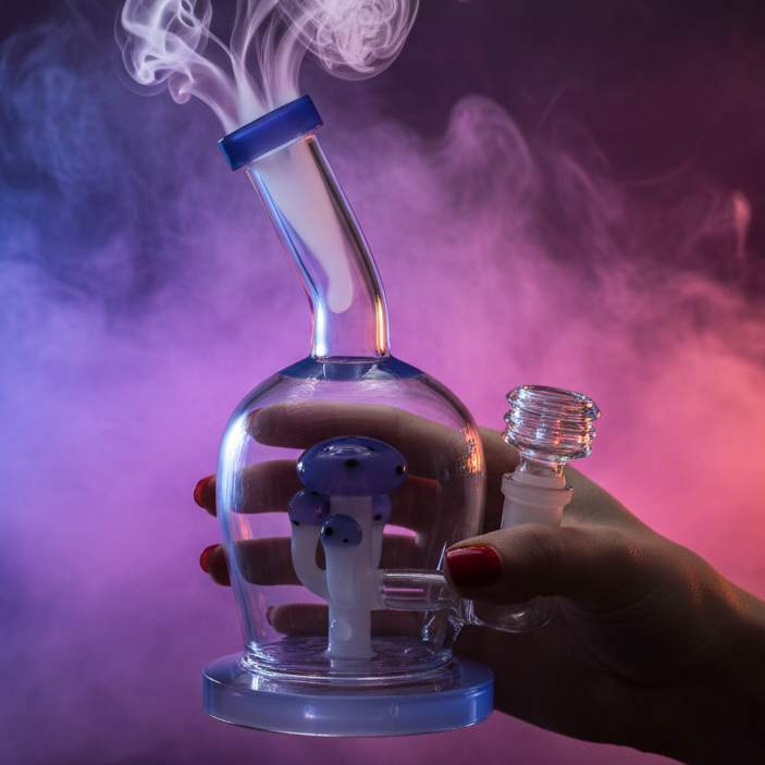 Glass smoking device with smoke against a dark background