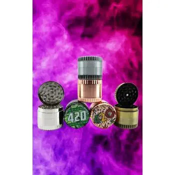 metal weed grinder collection with colorful designs and multiple compartments for efficient herb grinding