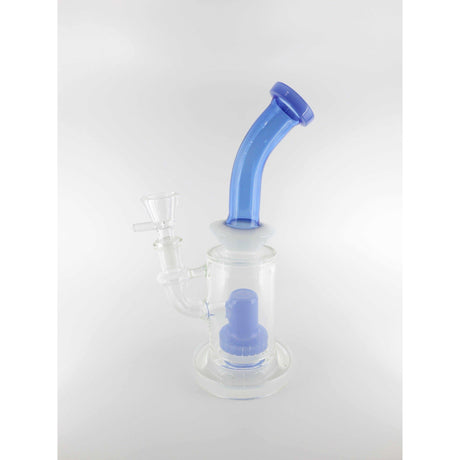 Mini Showerhead Banger Hanger made of borosilicate glass with blue accents, featuring a stable flat base and angled mouthpiece.