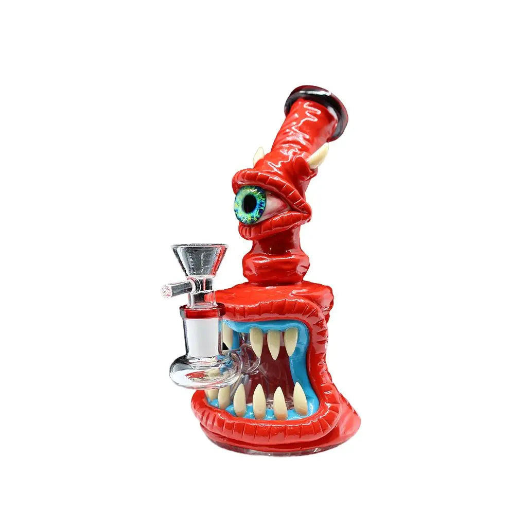 Monster CYCLOPS Smoking Water Pipe Bong with disc percolator and purple cyclops design, 7-inch tall borosilicate glass.