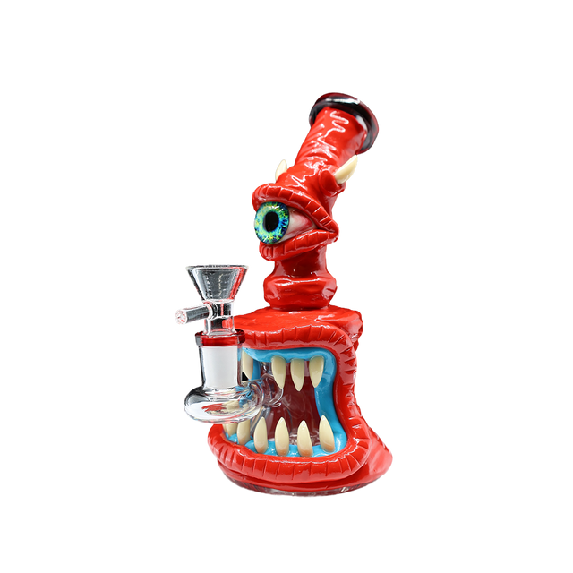 Monster CYCLOPS Smoking Water Pipe Bong with disc percolator and purple cyclops design, 7-inch tall borosilicate glass.