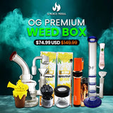 OG Premium Weed Box with smoking accessories including bongs, grinders, lighters, and hemp wraps.