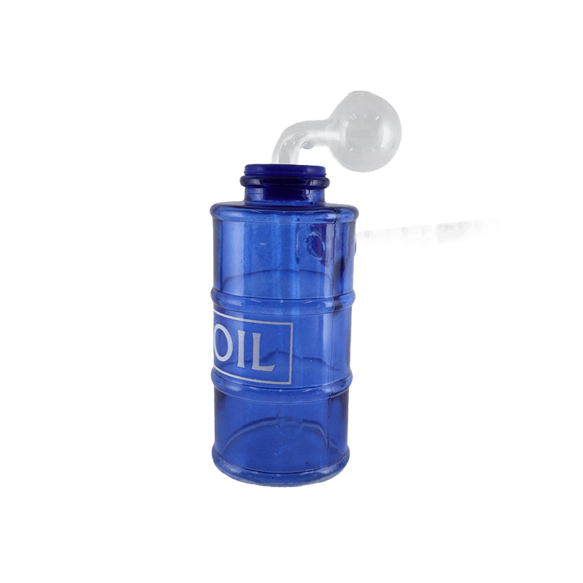 Translucent blue oil can oil burner water pipe for smoking concentrates.