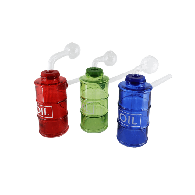 Oil Can Oil Burner Water Pipe in red, green, and blue colors for smoking concentrates.