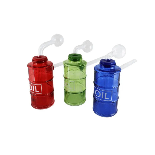 Oil Can Oil Burner Water Pipe in red, green, and blue translucent colors, designed for smoking concentrates.