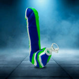 Penis Silicone Water Pipe in striped blue and green design with detachable bowl and water chamber.