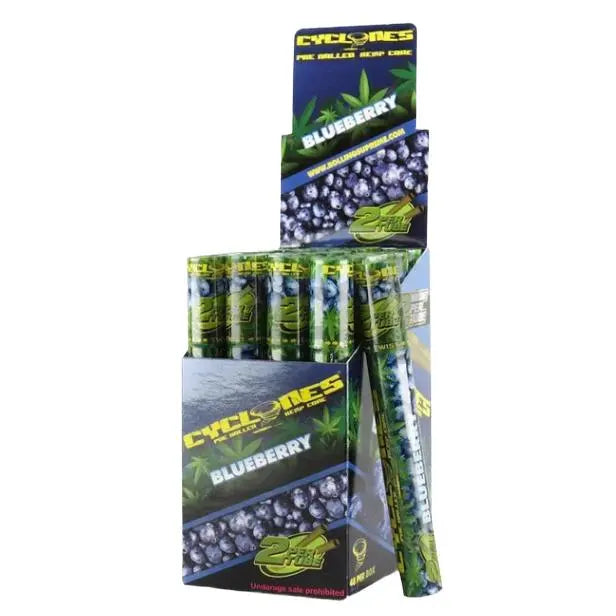 Cones Cyclones Hemp - 48 Count pre-rolled cones pack with blueberry flavor packaging.