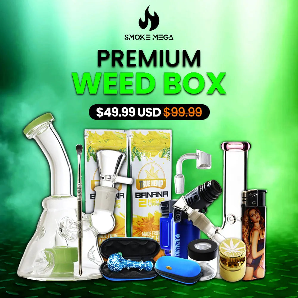 Premium Weed Box with bongs, dab tool, glass jar, hand pipe, lighters, grinder, quartz banger, and hemp wraps.