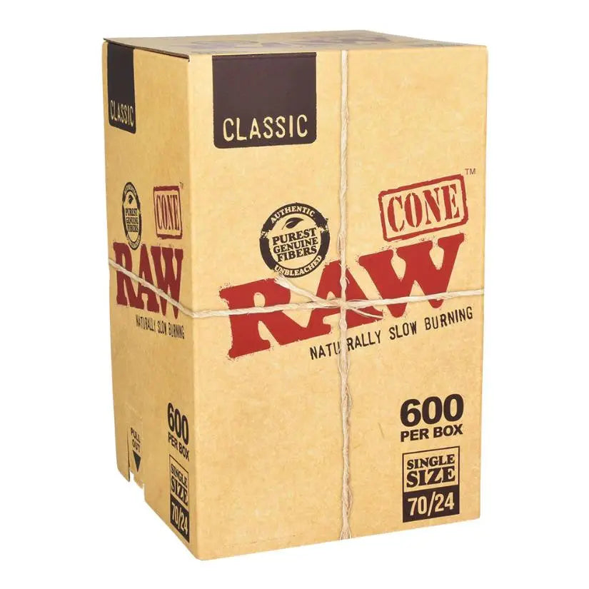 RAW Classic Cones Single Size 70/24, 600-piece box, unbleached natural fibers, easy-fill design for smooth smoking.