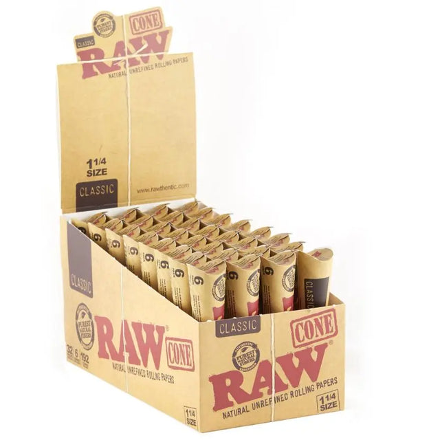 RAW Natural Unrefined Pre Rolled Cones 32 Pack in box packaging, 1 ¼" size, natural rolling paper.